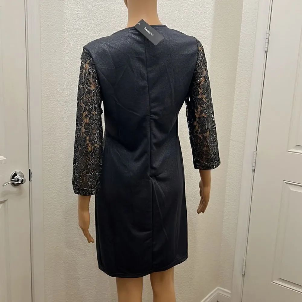 Fashion Mia Dress Size XL Scoop Neck Shimmer Beaded 3/4 Lace Sleeve Midi - Picture 6 of 10